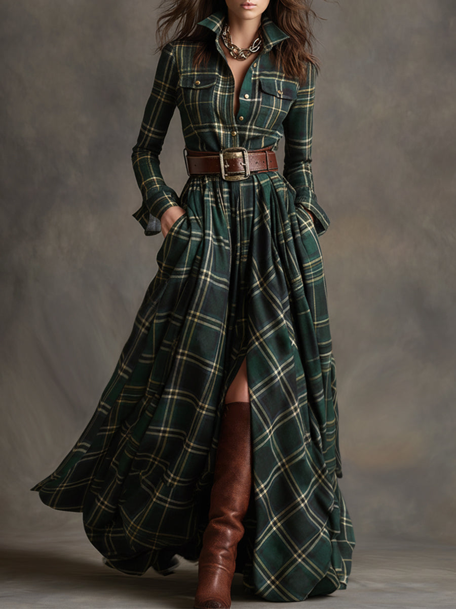 Nerina | Women's Vintage-Style Plaid Maxi Dress with Lapel Collar and Belt - original image 2
