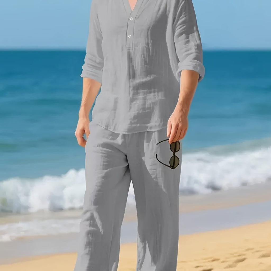Men's Two Piece Set Linen Henley Relaxed Pants Casual Wear