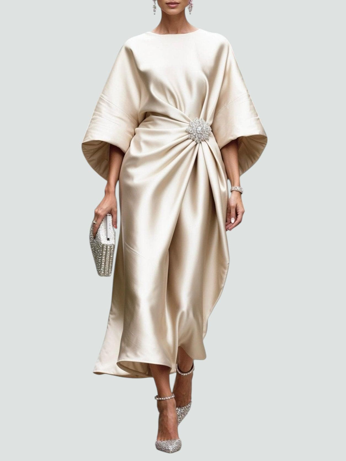 Women's Draped Maxi Gown with Brooch and Cape Sleeves – original product photo 6