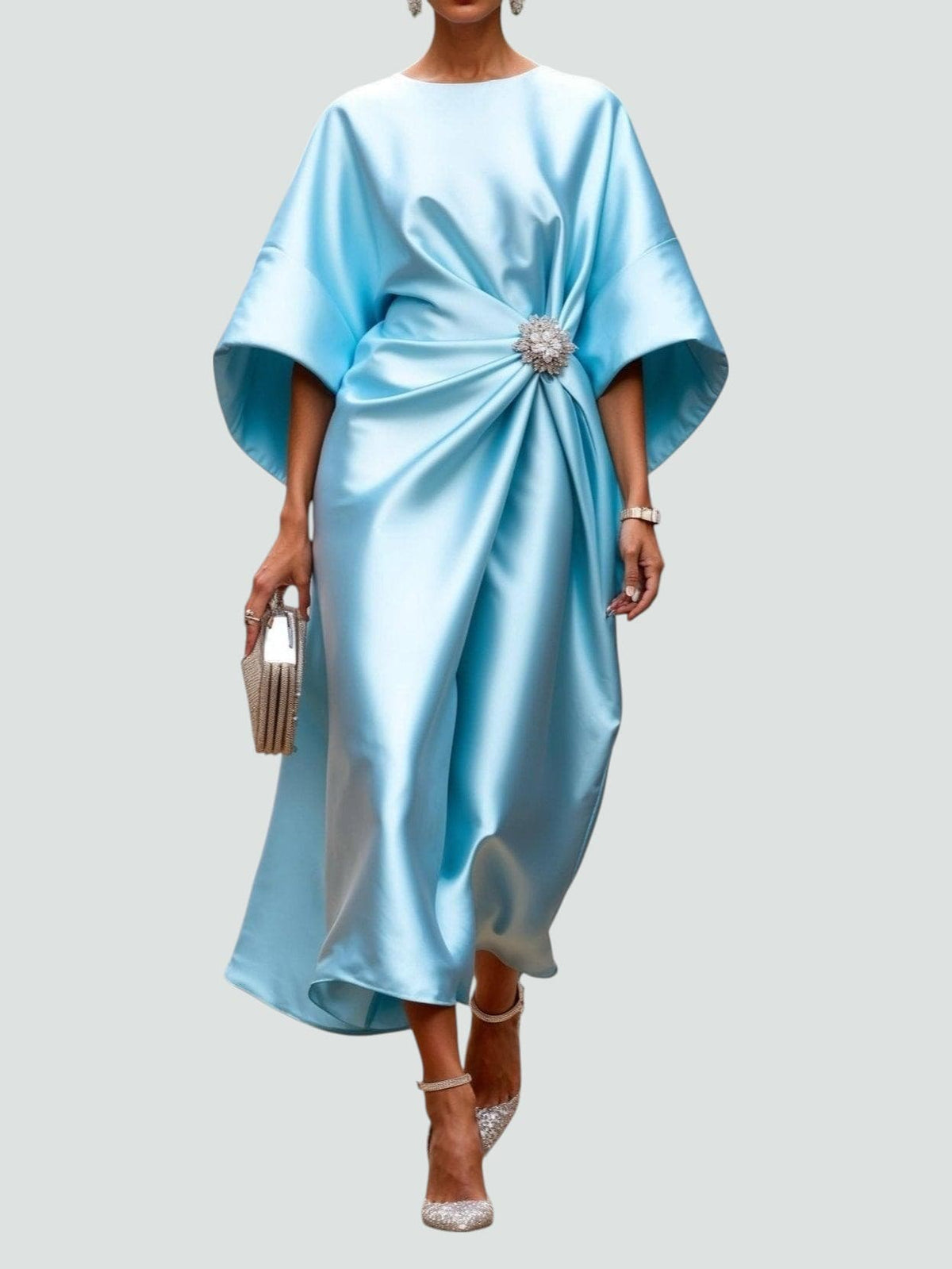 Women's Draped Maxi Gown with Brooch and Cape Sleeves – original product photo 3