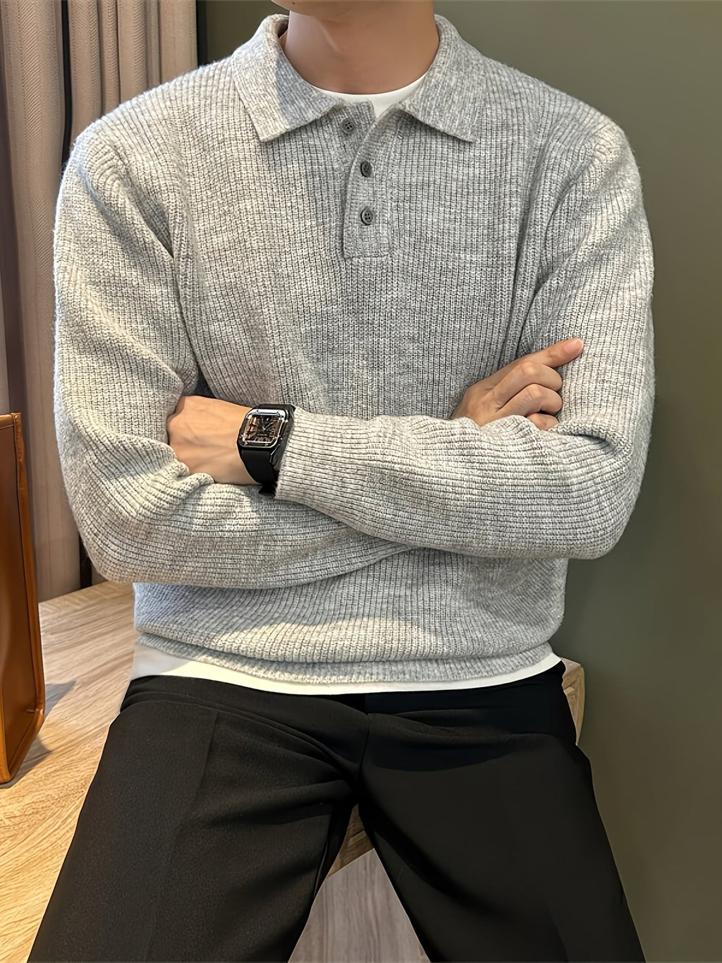 Dario | Polo da uomo lavorata a maglia, a coste, maniche lunghe, misto cotone elasticizzato