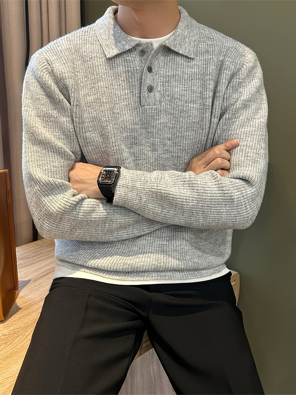 Dario | Polo da uomo lavorata a maglia, a coste, maniche lunghe, misto cotone elasticizzato