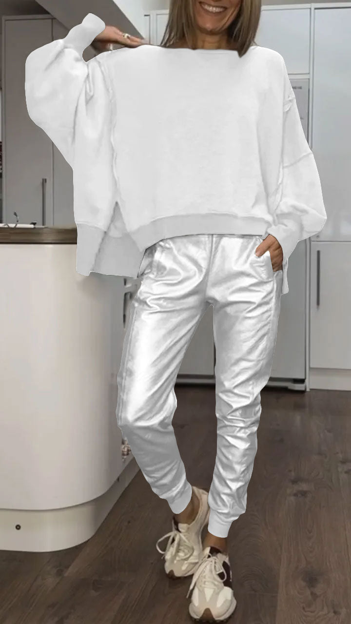 Ottavia | Women's Round-Neck Top and Faux-Leather-Look Jogger Trousers Set - original view 4