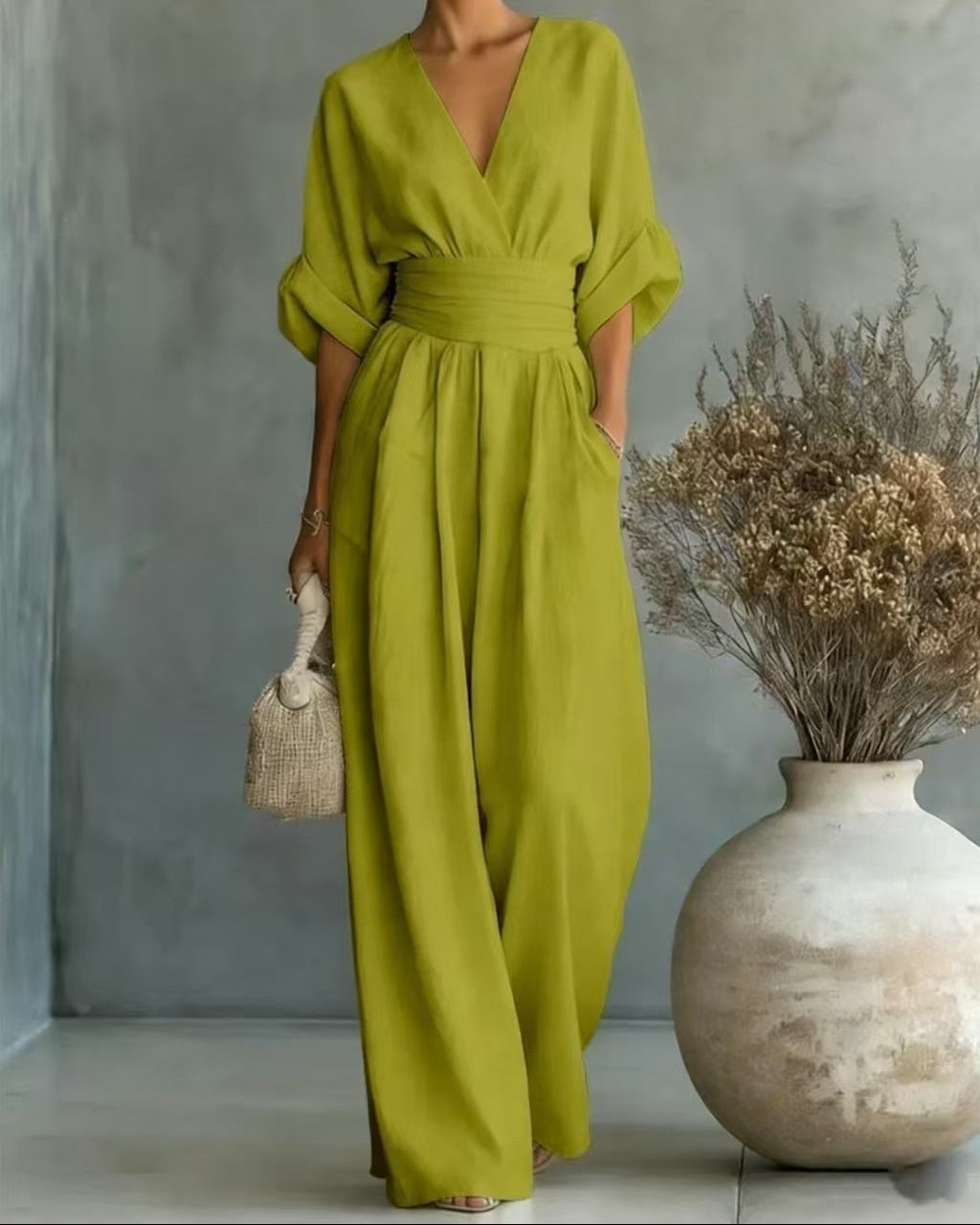 Carina | Women's V-Neck High-Waisted Slim-Fit Jumpsuit – Bright Green