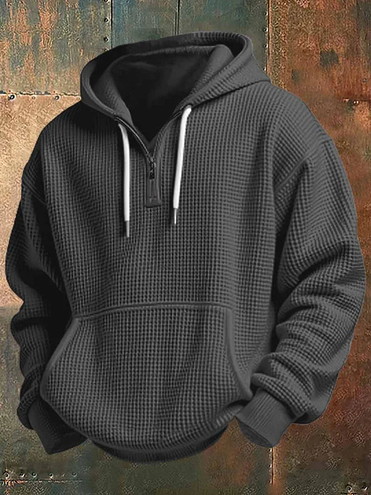Cristian | Felpa con cappuccio da uomo in maglia waffle, mezza zip, tasca a marsupio e cappuccio con coulisse