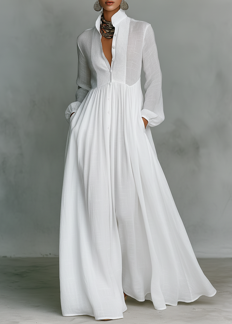 Diletta | Women's High-Neck Patchwork Maxi Dress with Front Buttons – White