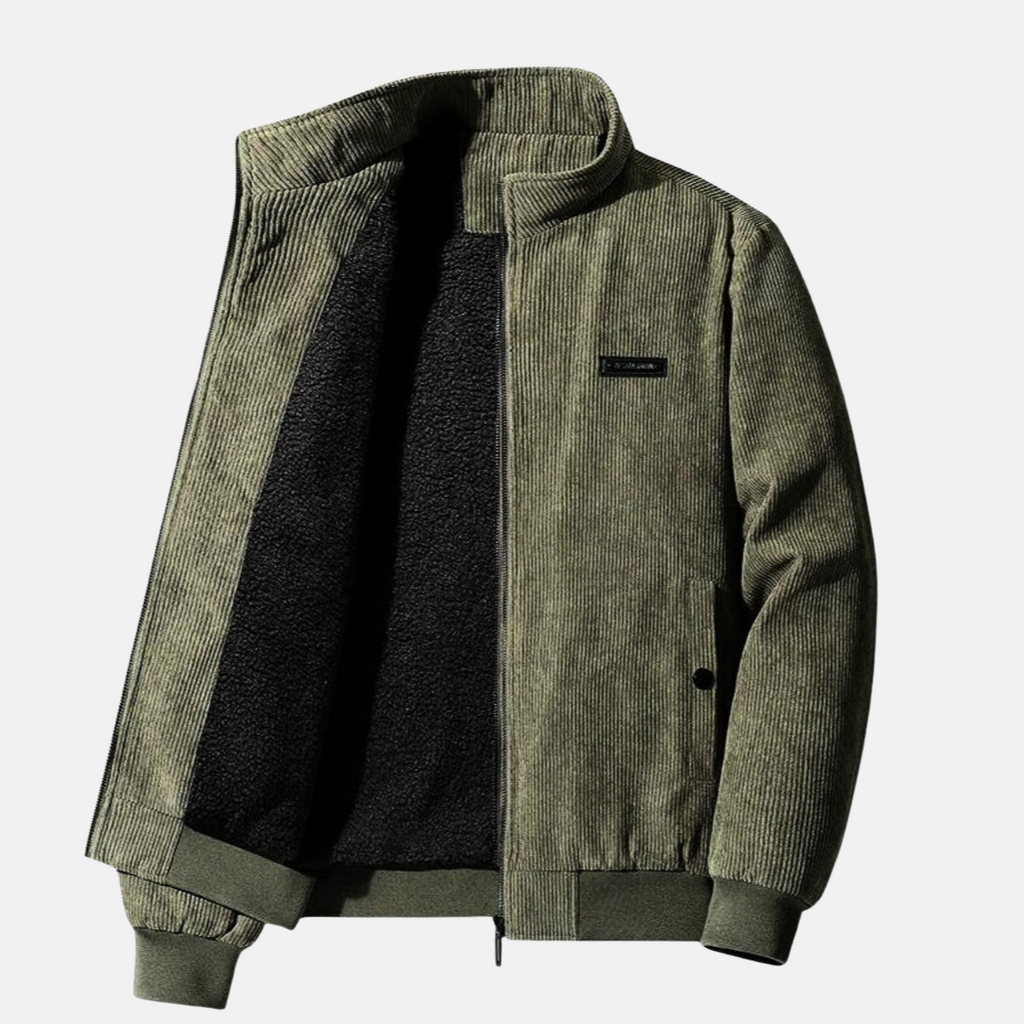 Nicola | Giacca da uomo effetto velluto a coste, collo alla coreana, chiusura integrale con zip, foderata, stile rétro