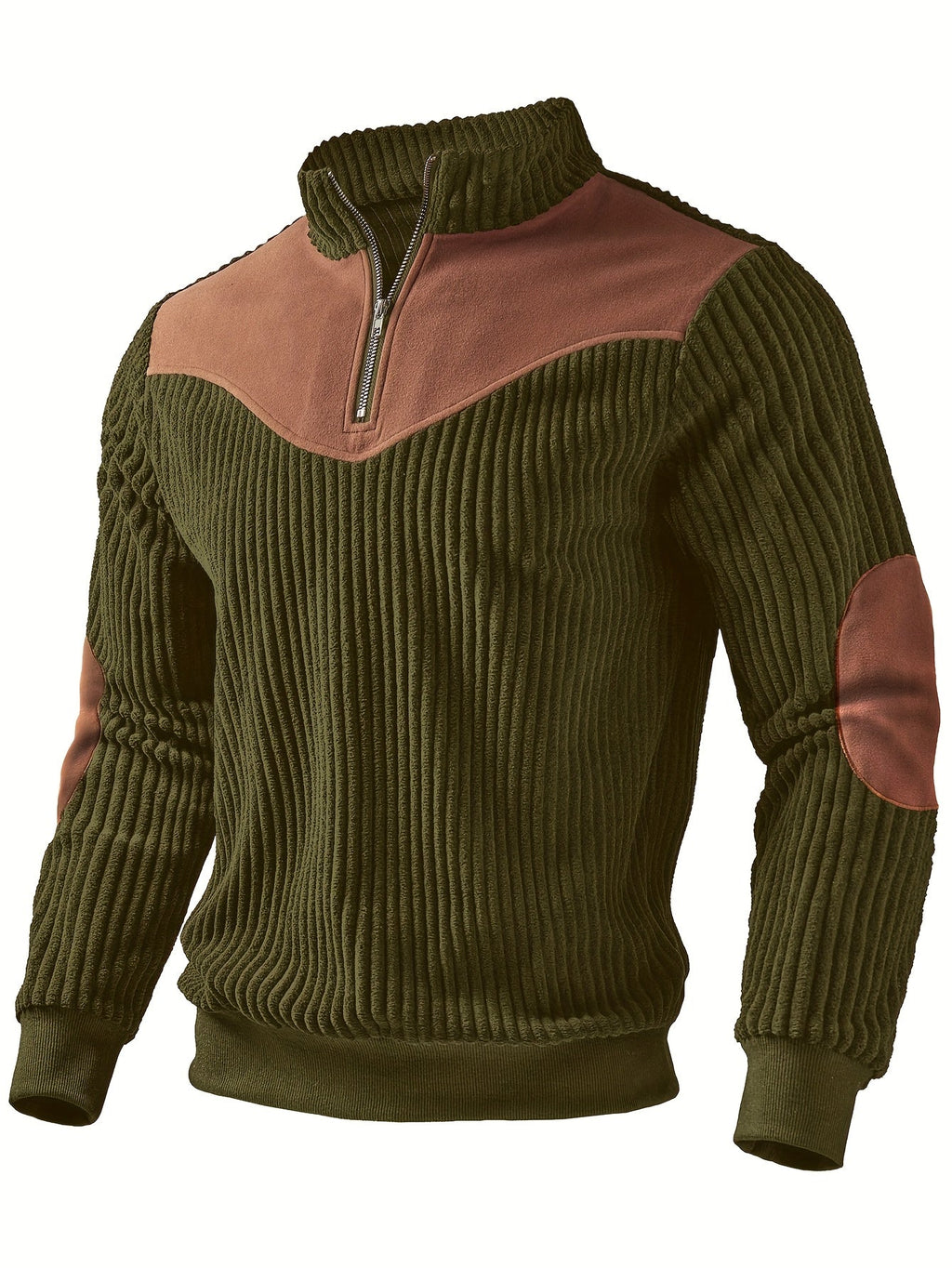 Massimo | Maglione da uomo a coste con mezza zip, collo alla coreana e toppe sulle spalle a contrasto
