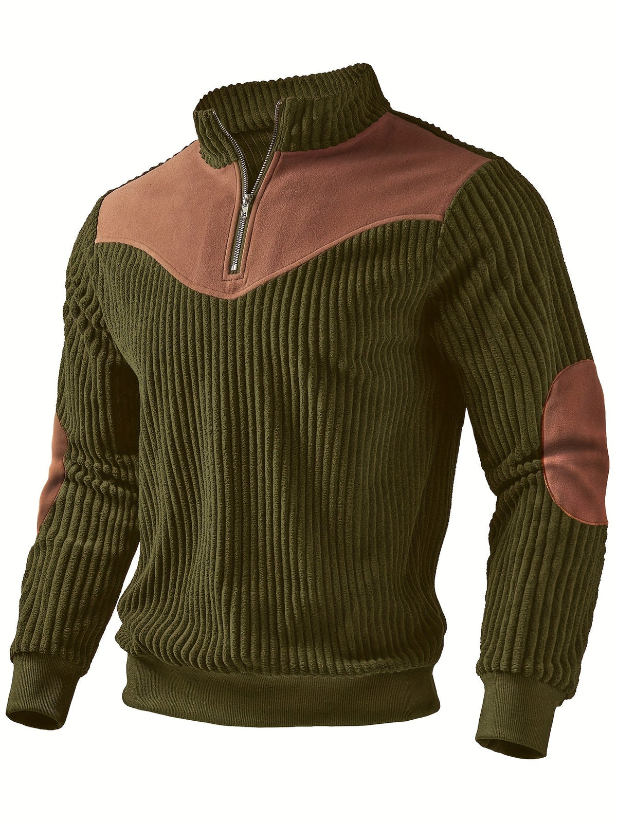 Massimo | Maglione da uomo a coste con mezza zip, collo alla coreana e toppe sulle spalle a contrasto