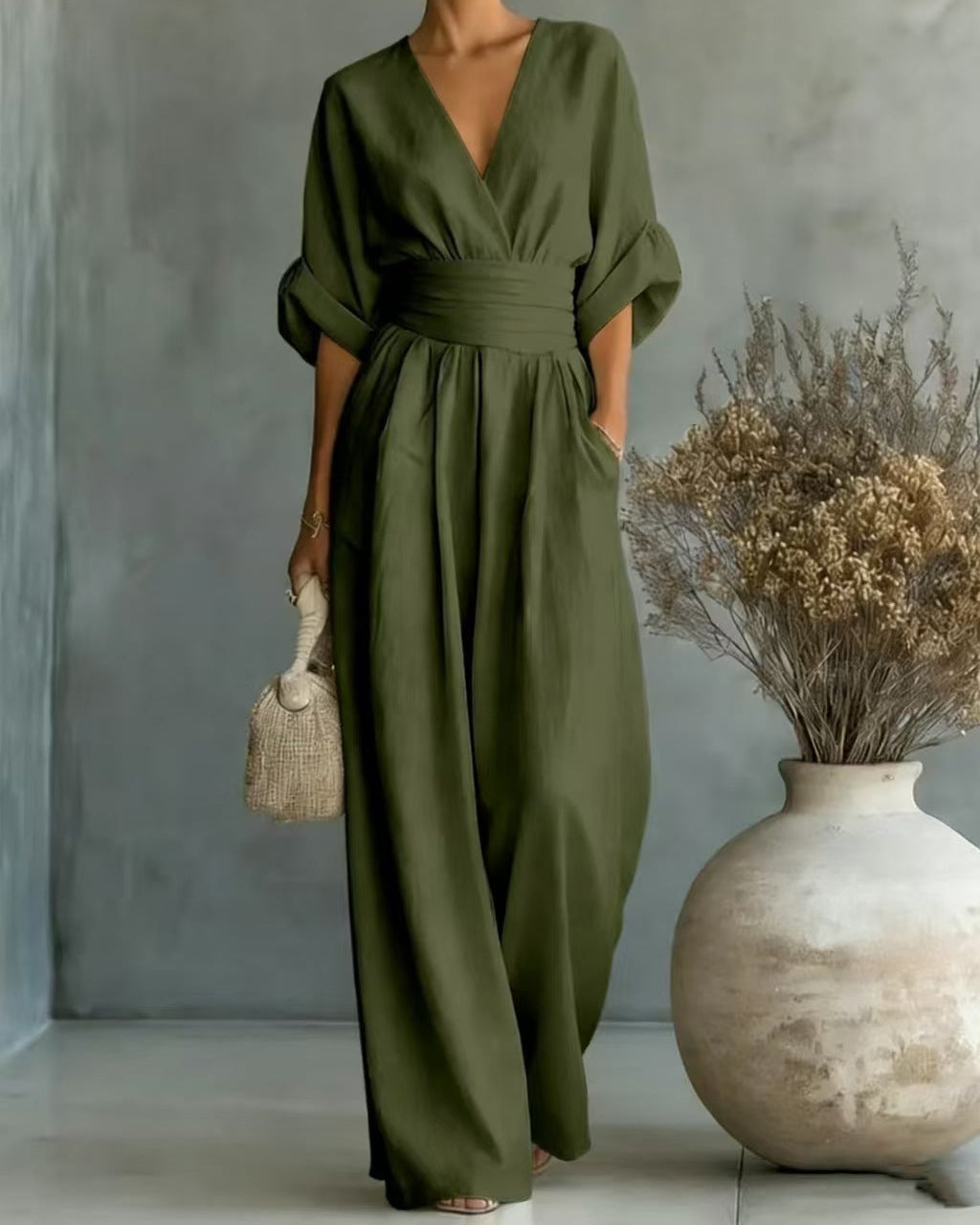 Carina | Women's V-Neck High-Waisted Slim-Fit Jumpsuit – Olive