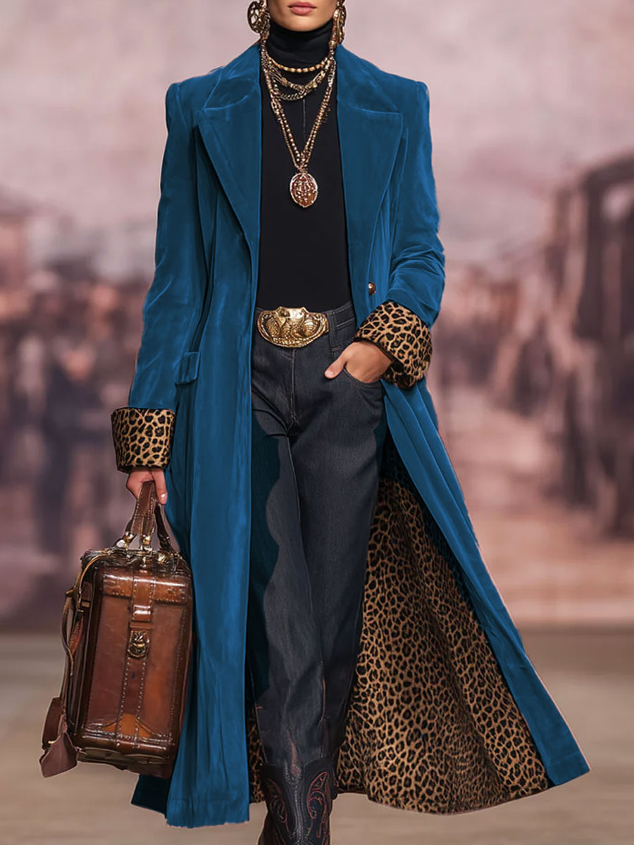 Sabina | Women's Single-Breasted Leopard-Accent Coat with Lapel Collar - source image 2
