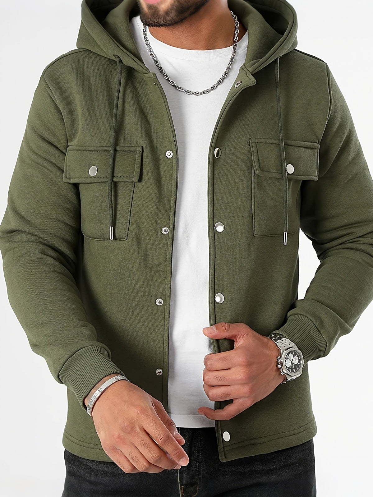 Elia | Giacca camicia da uomo lavorata a maglia con cappuccio, tasche sul petto e chiusura frontale con bottoni
