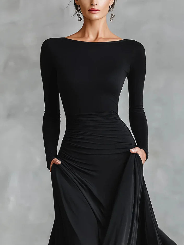 Women's Pleated Boat-Neck Long-Sleeve Maxi Dress - original product view 2