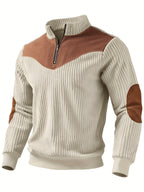 Massimo | Maglione da uomo a coste con mezza zip, collo alla coreana e toppe sulle spalle a contrasto