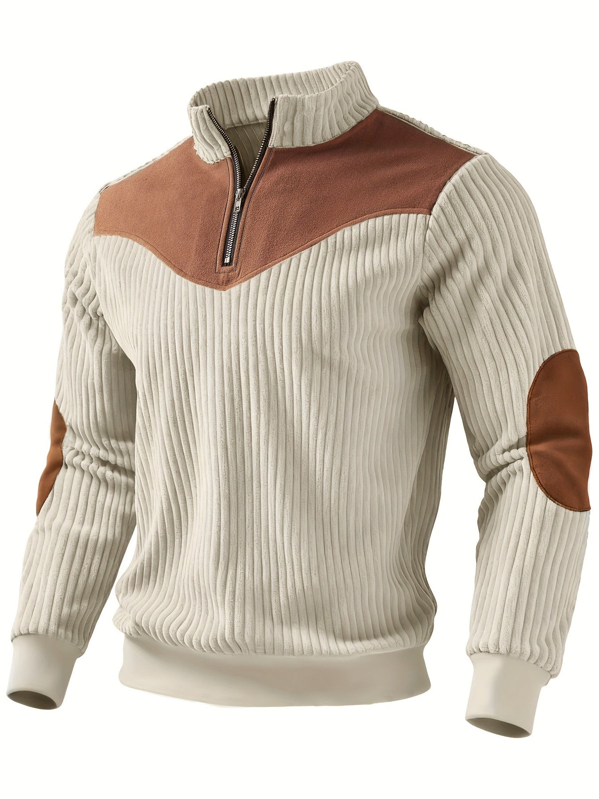 Massimo | Maglione da uomo a coste con mezza zip, collo alla coreana e toppe sulle spalle a contrasto