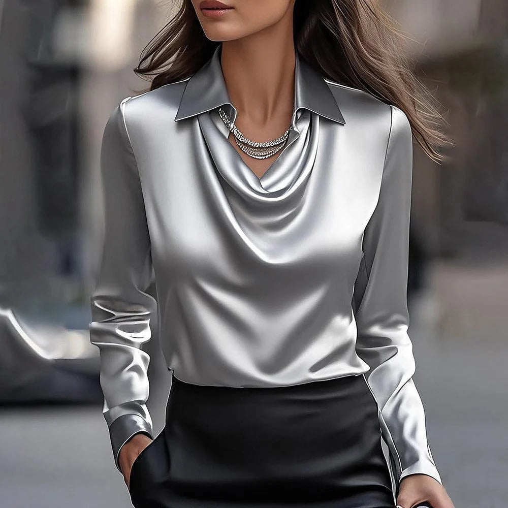 Alba | Women's Long-Sleeve Blouse with Asymmetric Draped Neckline – Silver