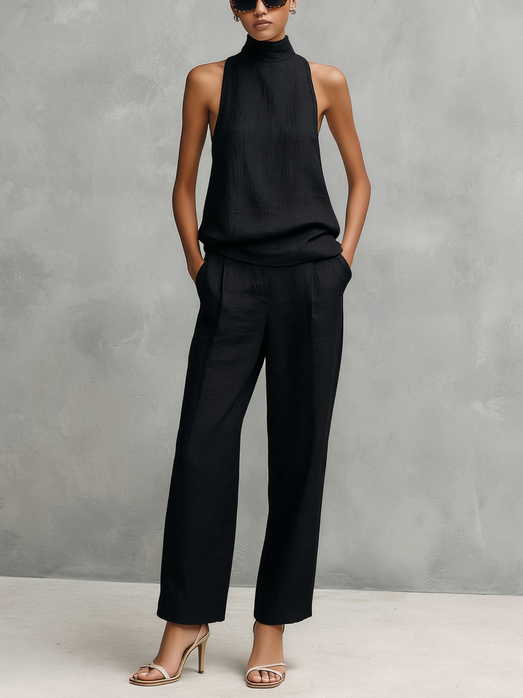 Women's Sleeveless Round-Neck Top and Matching Trousers Set - original photo 1