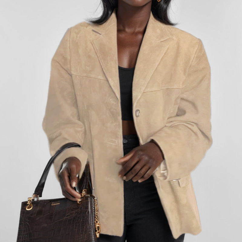 Valeria | Women's Fitted Button-Front Leather-Look Blazer – Beige