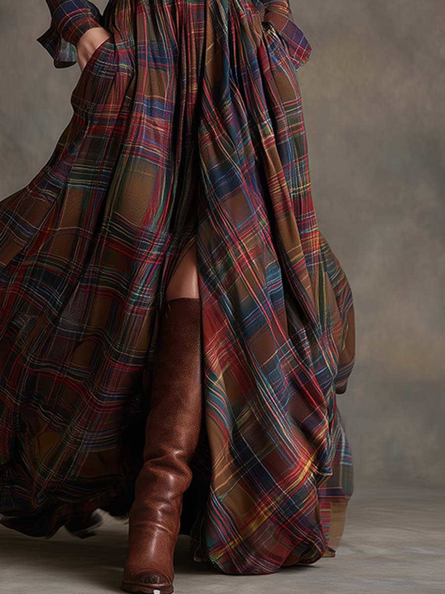 Nerina | Women's Vintage-Style Plaid Maxi Dress with Lapel Collar and Belt - original image 8