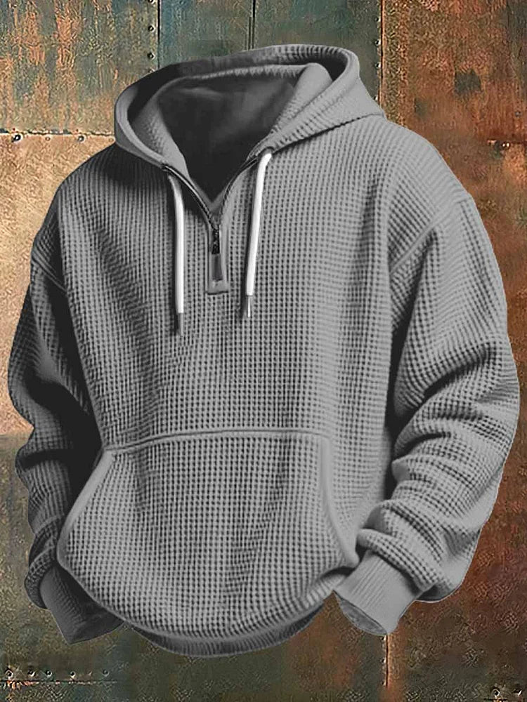 Cristian | Felpa con cappuccio da uomo in maglia waffle, mezza zip, tasca a marsupio e cappuccio con coulisse