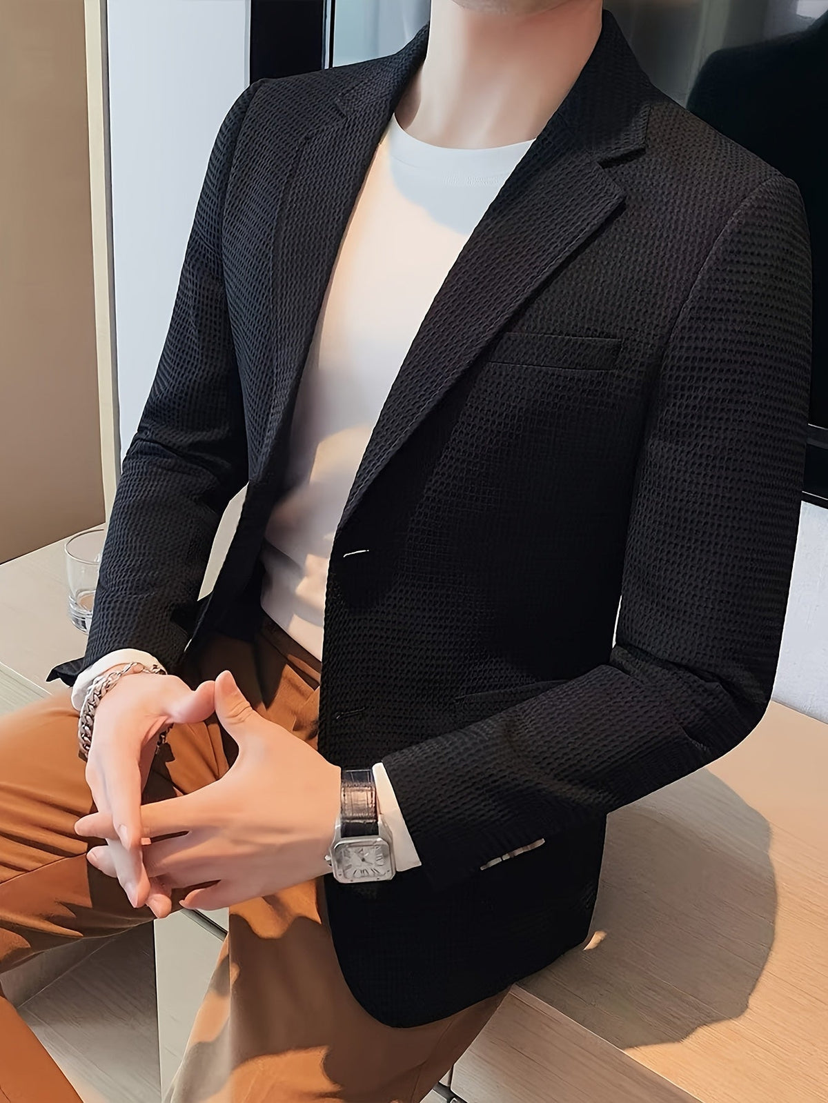 Vincenzo | Blazer da uomo in maglia waffle, collo con rever testurizzato, vestibilità slim, stile elegante