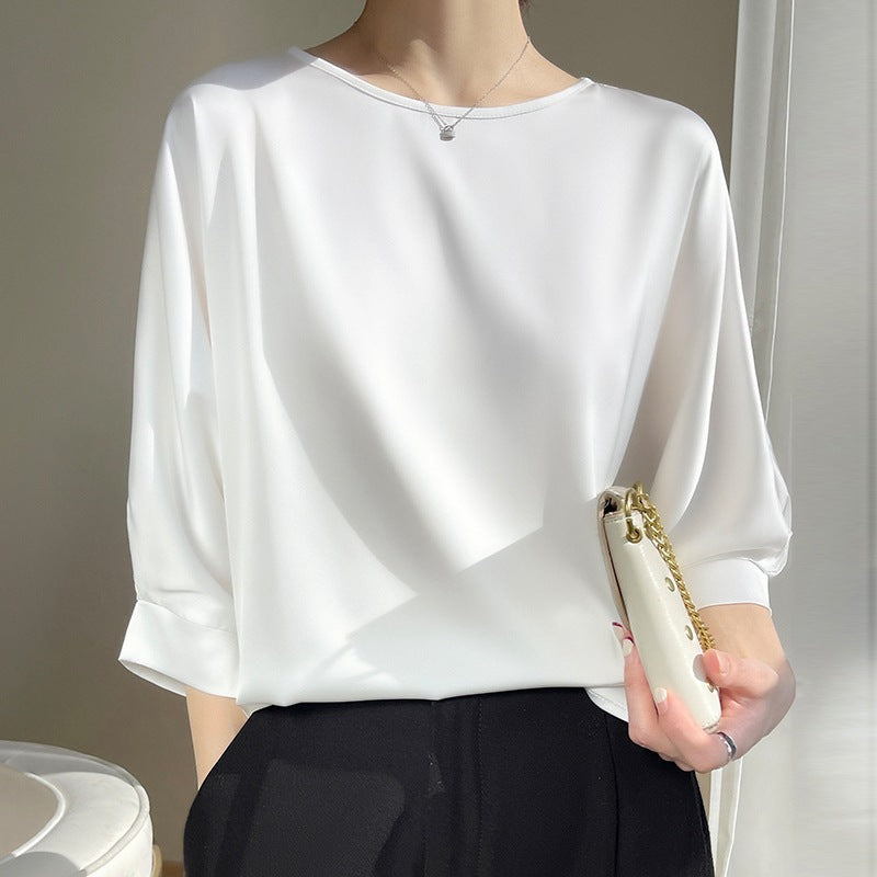 Eva | Women's Relaxed Satin-Look Crew-Neck Top – White