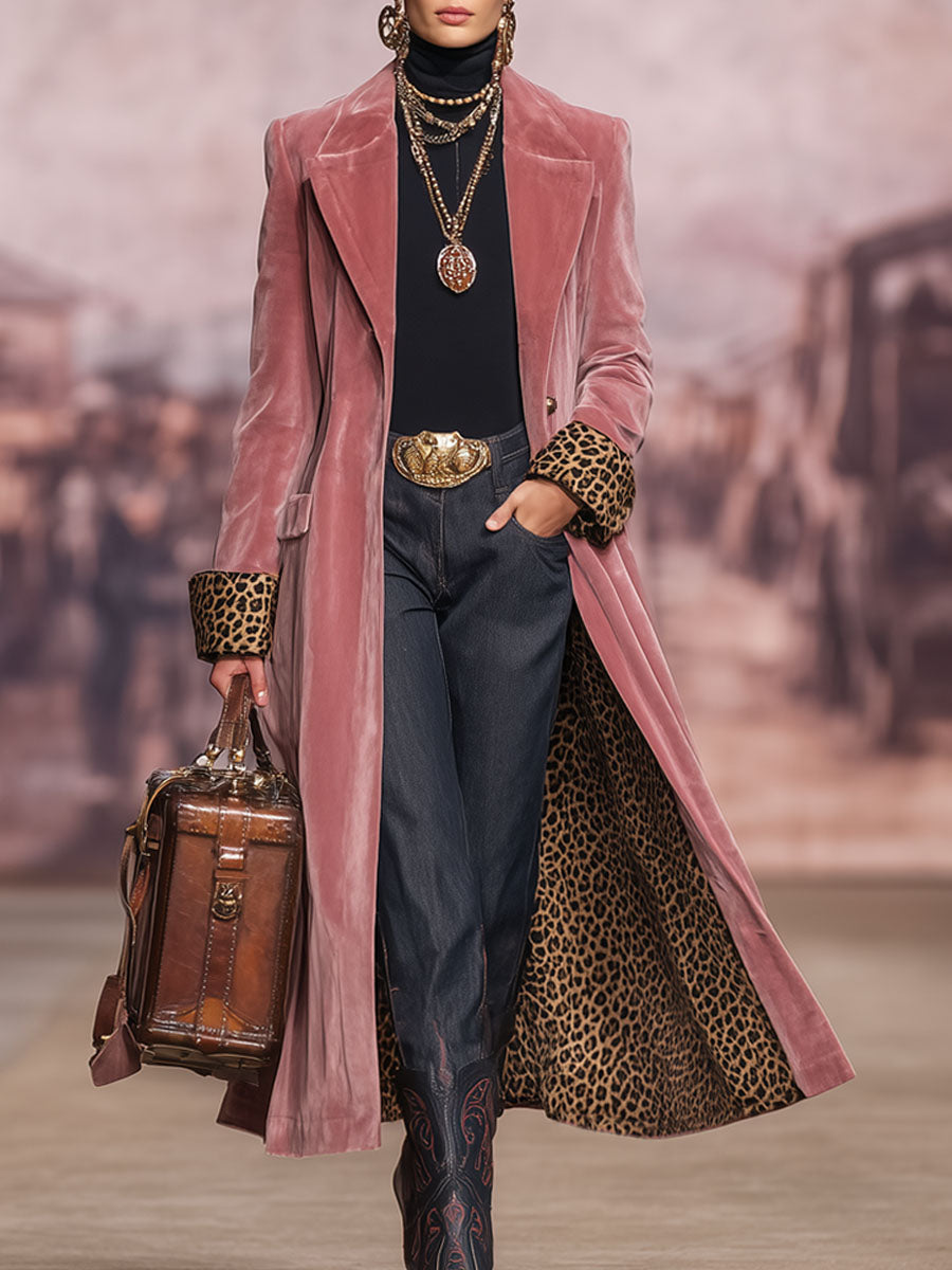 Sabina | Women's Single-Breasted Leopard-Accent Coat with Lapel Collar - source image 1