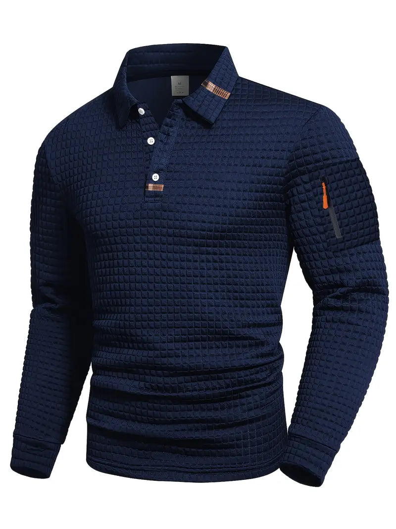 Pietro | Polo da uomo a maniche lunghe, vestibilità slim, tessuto testurizzato, colletto con bordo a contrasto e taschino sulla manica