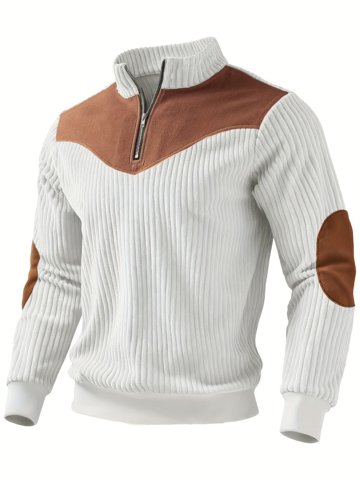 Massimo | Maglione da uomo a coste con mezza zip, collo alla coreana e toppe sulle spalle a contrasto