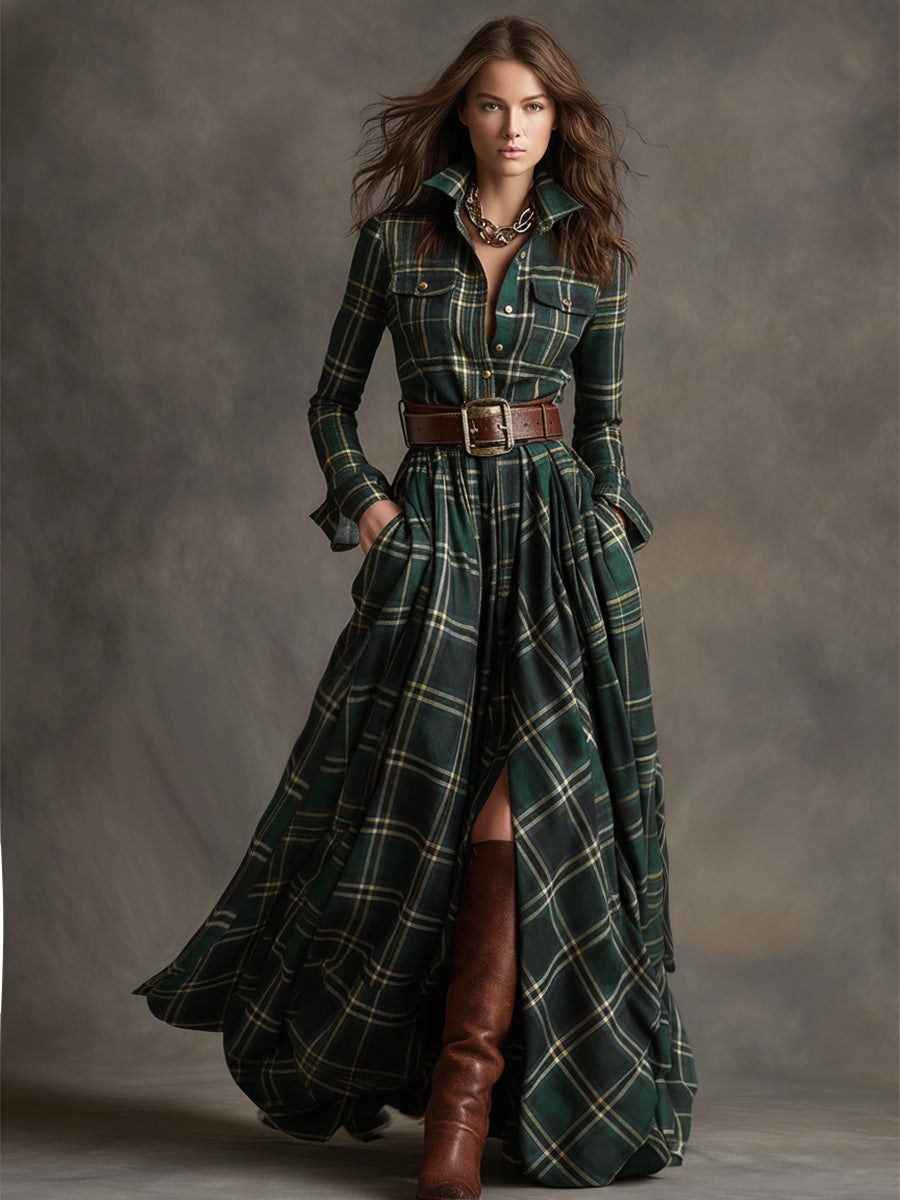 Nerina | Women's Vintage-Style Plaid Maxi Dress with Lapel Collar and Belt - original image 9