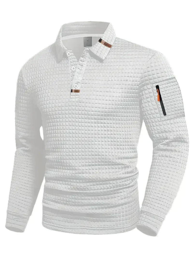 Pietro | Polo da uomo a maniche lunghe, vestibilità slim, tessuto testurizzato, colletto con bordo a contrasto e taschino sulla manica