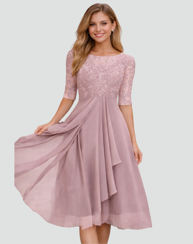 Nadia | Women's Lace-Bodice Three-Quarter Sleeve Midi Occasion Dress – original product photo 8