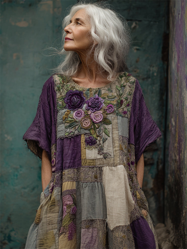 Vera | Women's Vintage Rose-Pattern Patchwork Dress, original source view 1