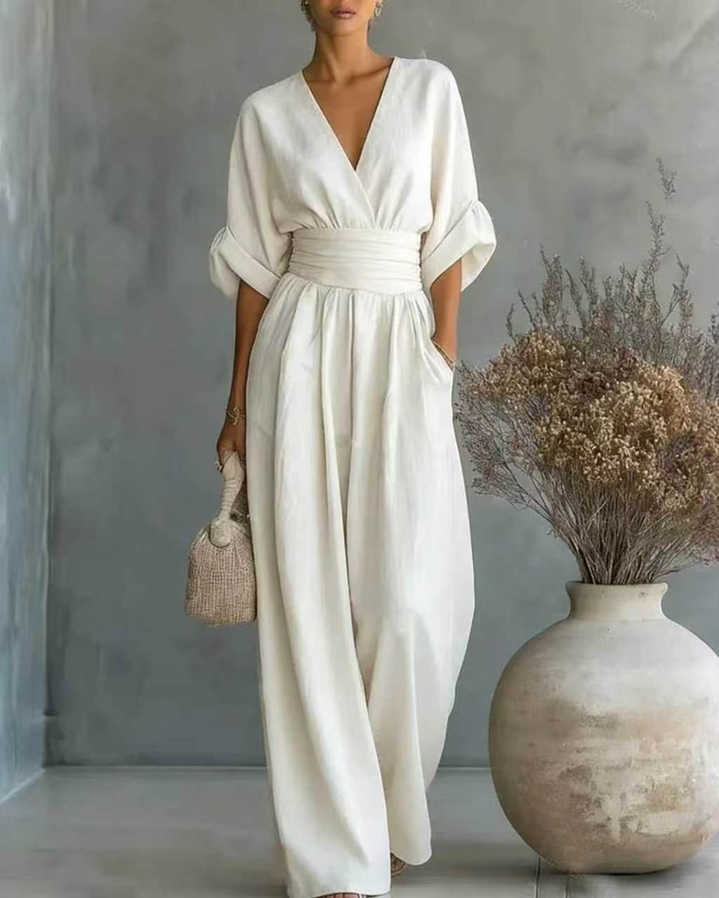 Carina | Women's V-Neck High-Waisted Slim-Fit Jumpsuit – White