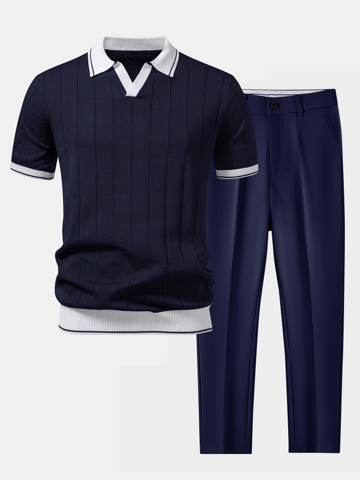 Egidio Men's Textured Knit Polo and Tapered Trousers Set product view