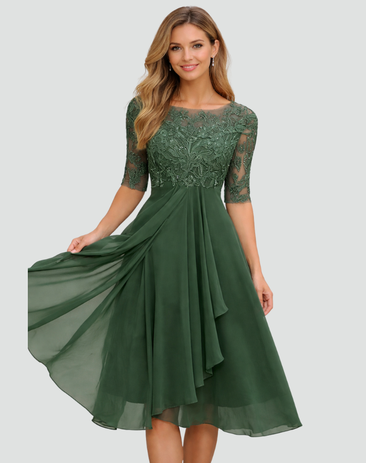 Nadia | Women's Lace-Bodice Three-Quarter Sleeve Midi Occasion Dress – original product photo 3