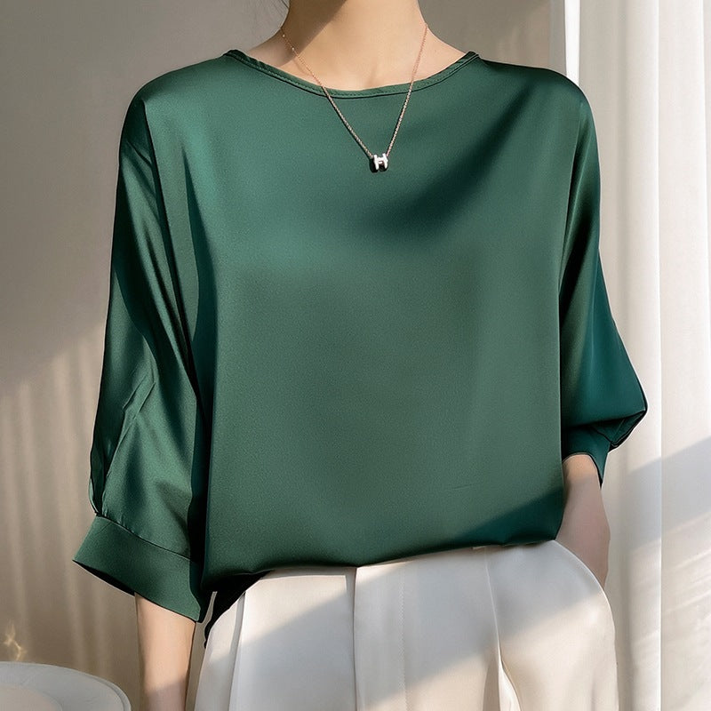 Eva | Women's Relaxed Satin-Look Crew-Neck Top – Dark Green