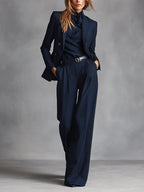 Women's Navy Pinstripe Double-Breasted Blazer and Trousers Suit - original product view 1