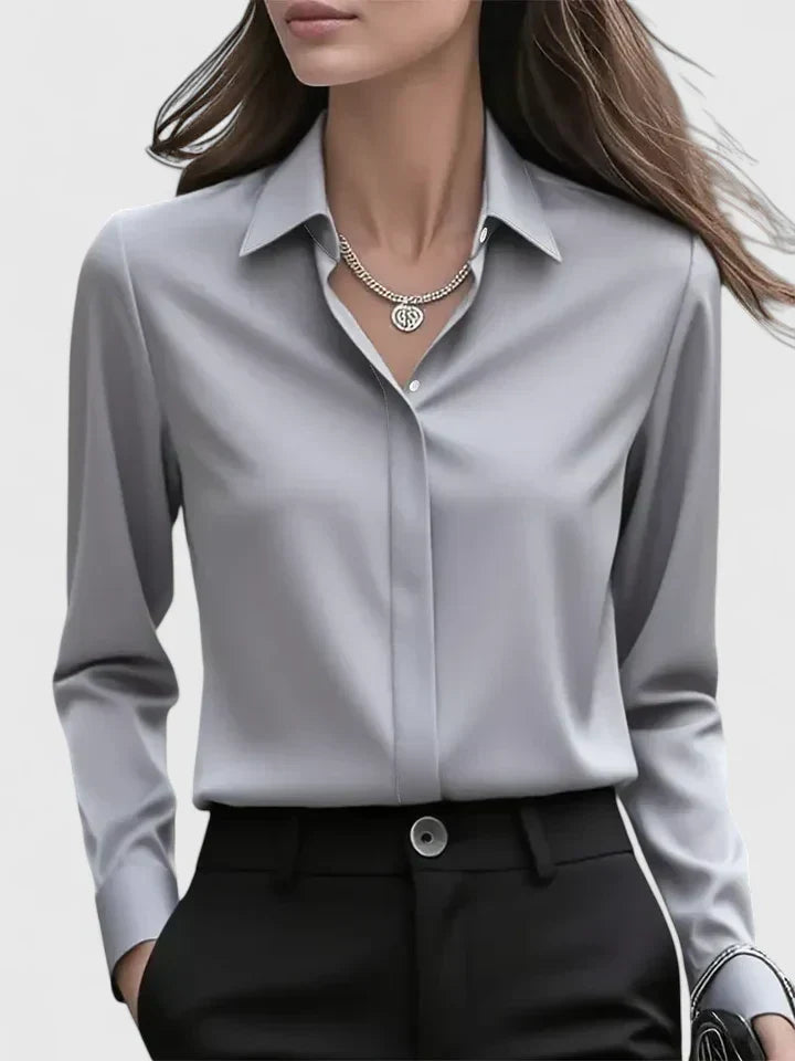 Carolina | Women's Long-Sleeve Shirt with Hidden Buttons and Curved Hem – Grey