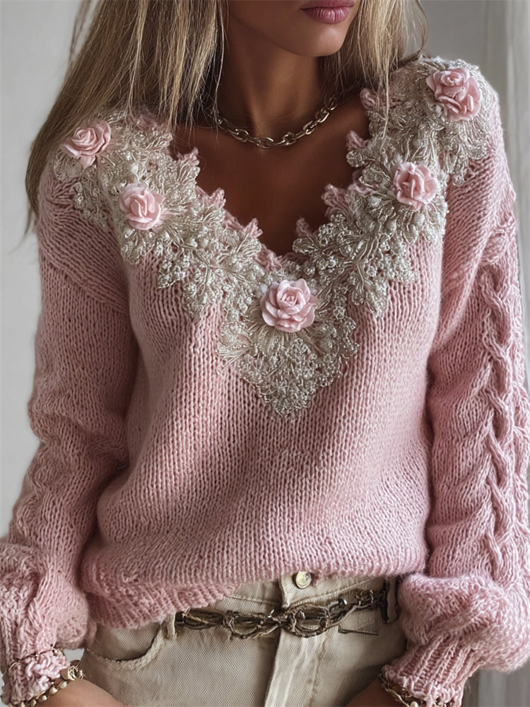 Cecilia | Women's Vintage Rose-Print V-Neck Knit Sweater — original product photo 1