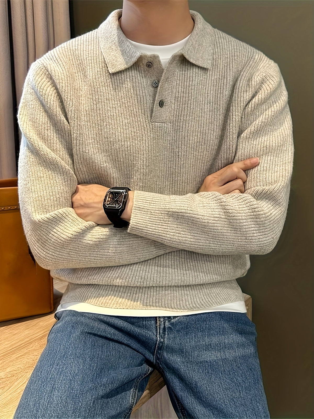 Dario | Polo da uomo lavorata a maglia, a coste, maniche lunghe, misto cotone elasticizzato