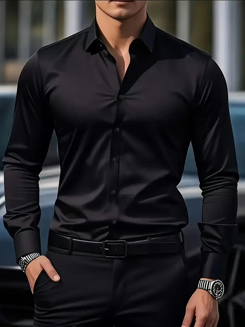 Camicia da uomo a maniche lunghe e vestibilità slim, tessuto traspirante, colletto classico, modello da lavoro