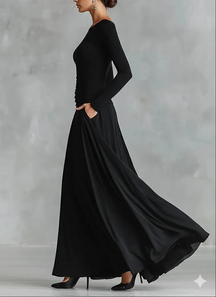 Women's Pleated Boat-Neck Long-Sleeve Maxi Dress - original product view 3