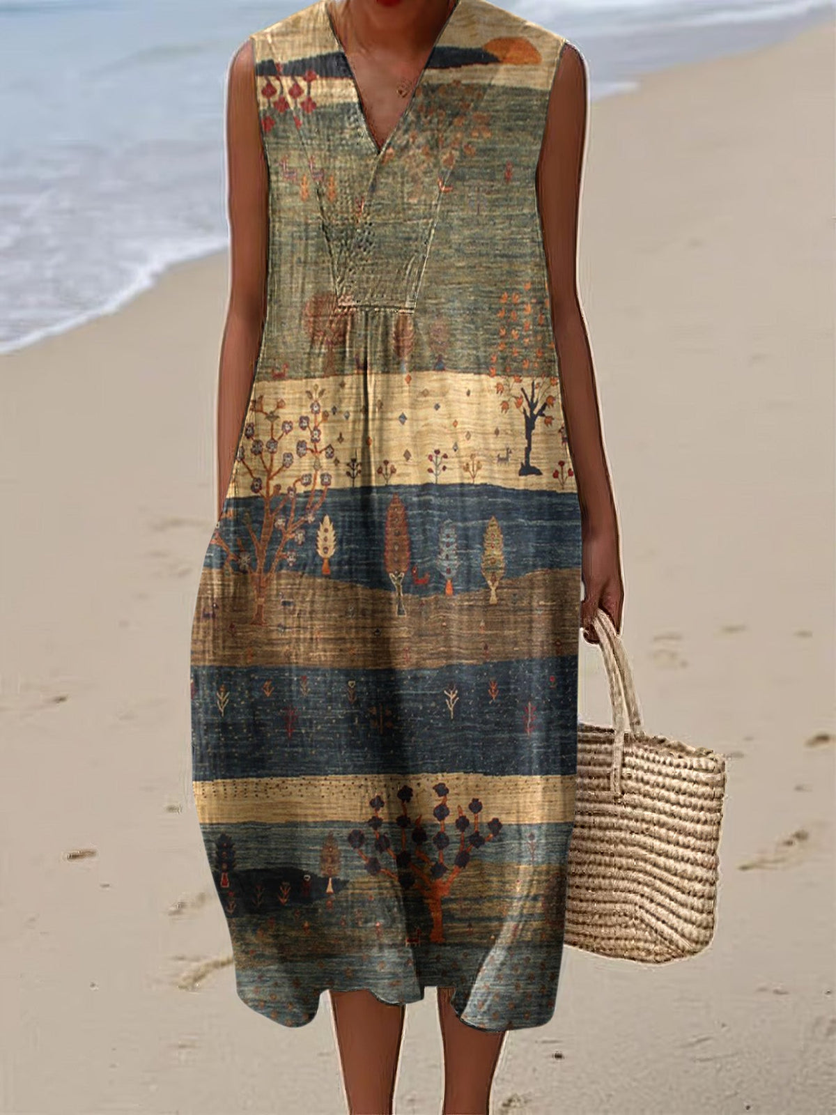 Luciana | Women's Vintage Countryside-Print V-Neck Tank Dress, original source view 1
