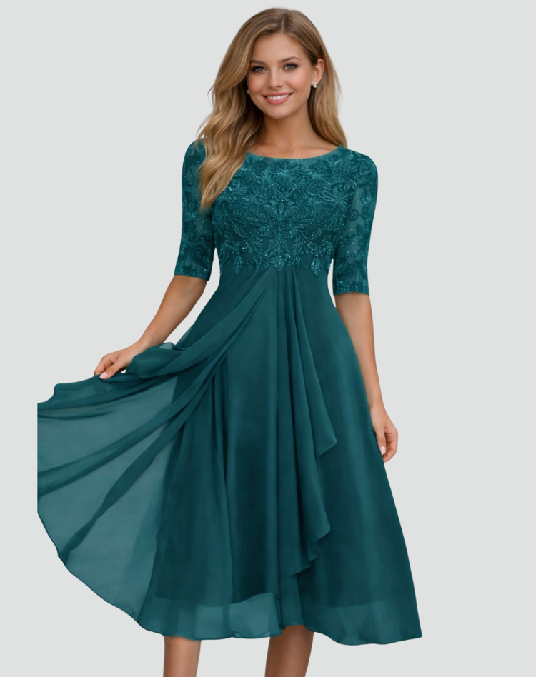 Nadia | Women's Lace-Bodice Three-Quarter Sleeve Midi Occasion Dress – original product photo 6