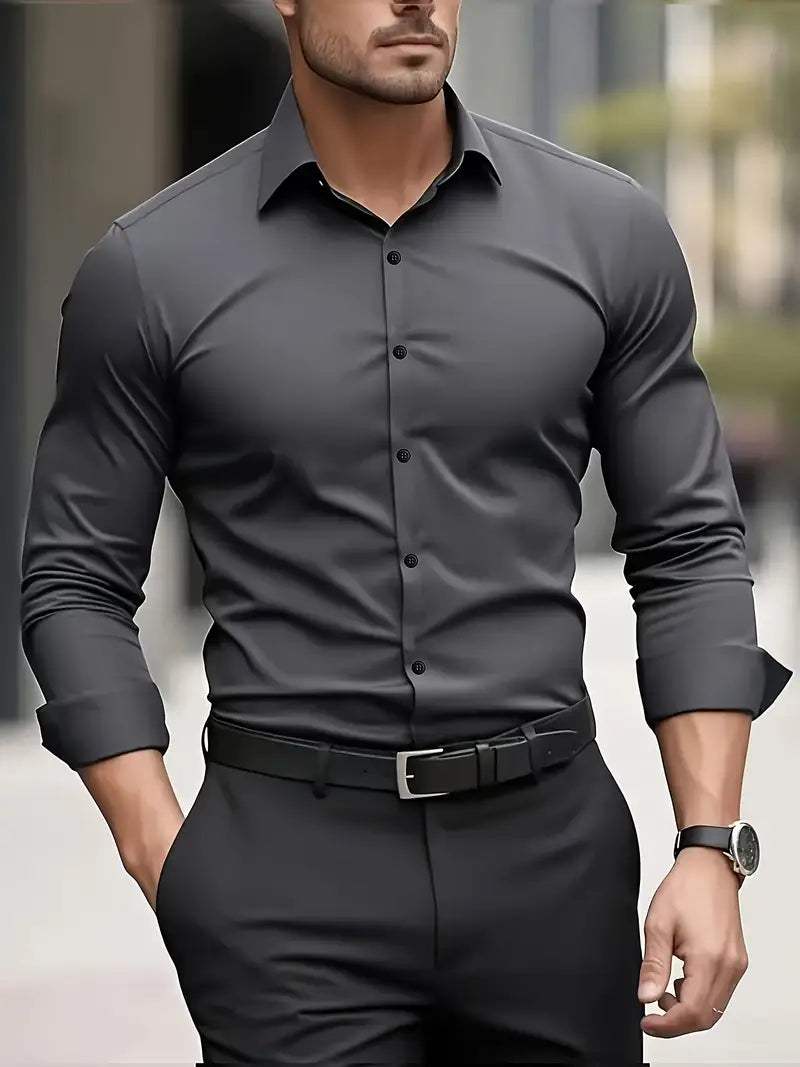 Camicia da uomo a maniche lunghe e vestibilità slim, tessuto traspirante, colletto classico, modello da lavoro