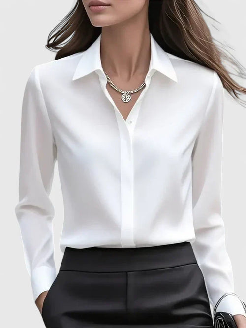 Carolina | Women's Long-Sleeve Shirt with Hidden Buttons and Curved Hem – White