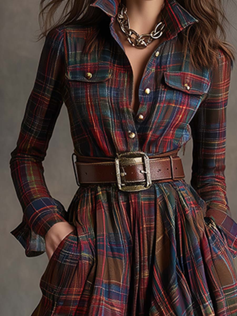 Nerina | Women's Vintage-Style Plaid Maxi Dress with Lapel Collar and Belt - original image 7