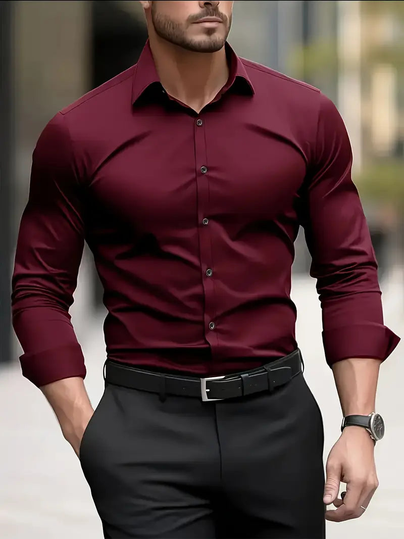 Camicia da uomo a maniche lunghe e vestibilità slim, tessuto traspirante, colletto classico, modello da lavoro
