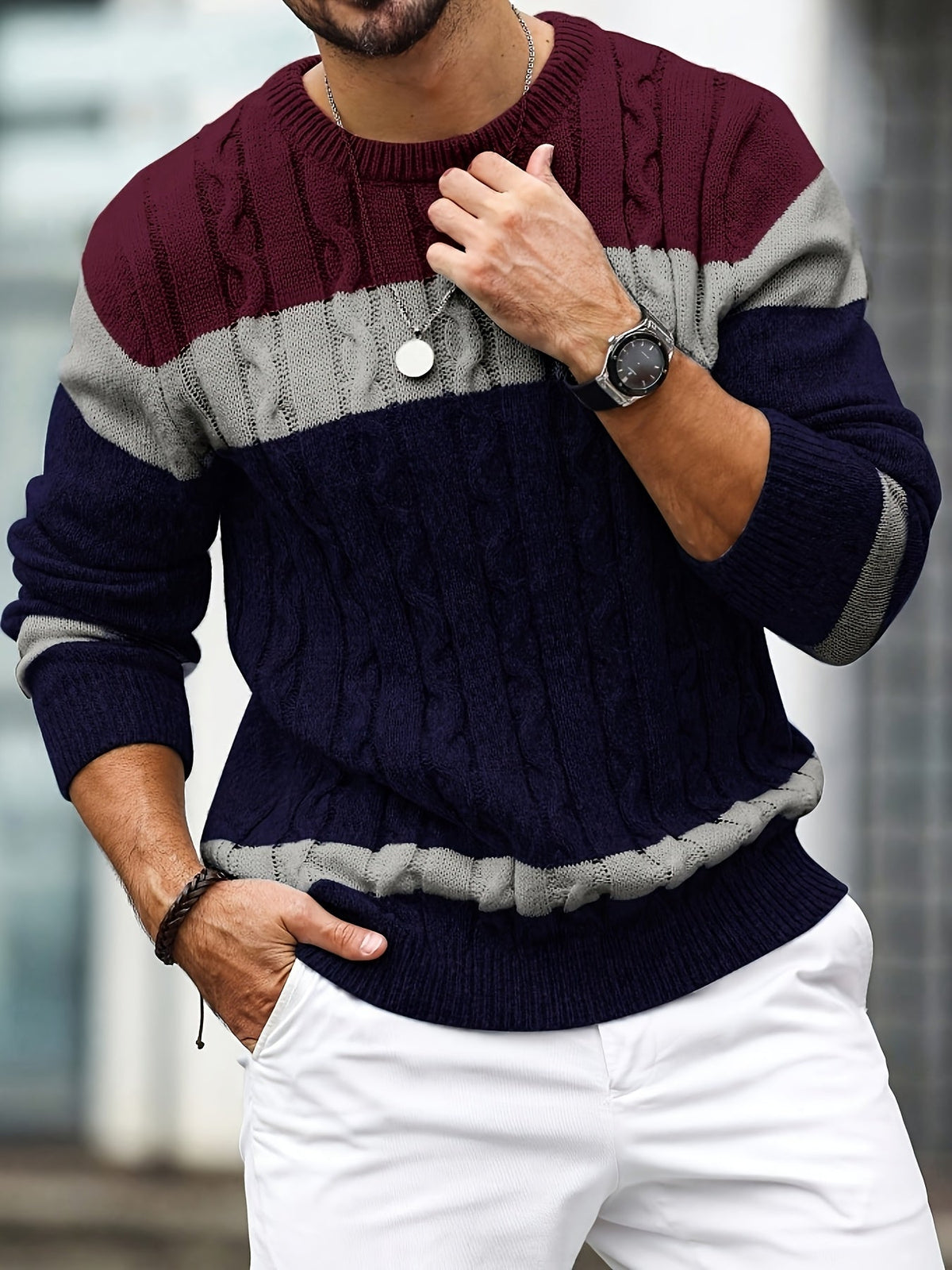 Stefano | Pullover da uomo lavorato a trecce, motivo a blocchi di colore, collo rotondo e bordi a coste